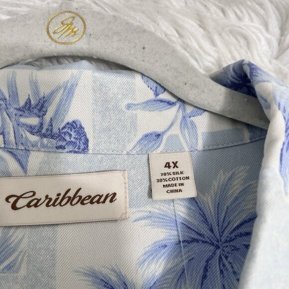 Caribbean Shirt Mens Sz 4XB Blue White Palm Leaves Silk Blend Hawaiian Button-Up - Picture 7 of 10